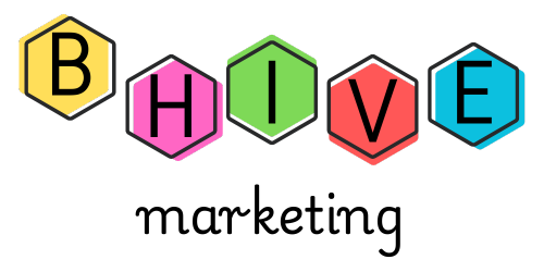 B Hive Marketing logo with letters in brightly colored hexigons