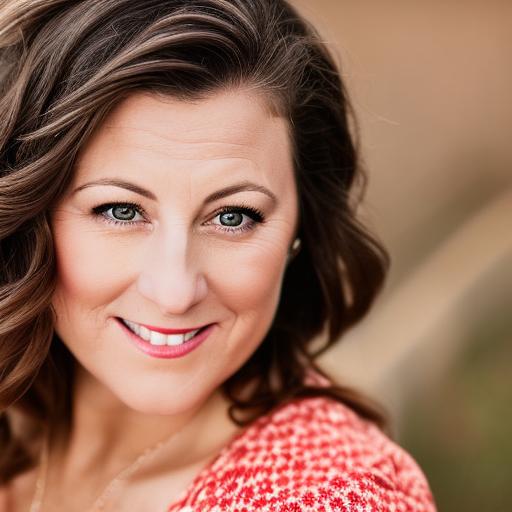 A white woman with dark long hair, blue eyes, is smiling warmly at the camera and looking off to the right