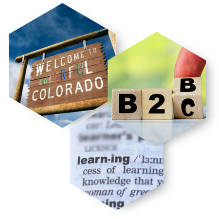 A collage of three hexagonal images: a Welcome to Colorful Colorado sign, wooden blocks spelling B2C with a finger moving the C block, and a dictionary entry for learning—showcasing inspiration from B Hive Marketing.