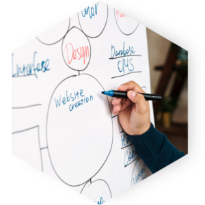 A person writes on a whiteboard diagram with circles and words like Website creation, Design, Database CMS, B Hive, and Usercase using a blue marker.